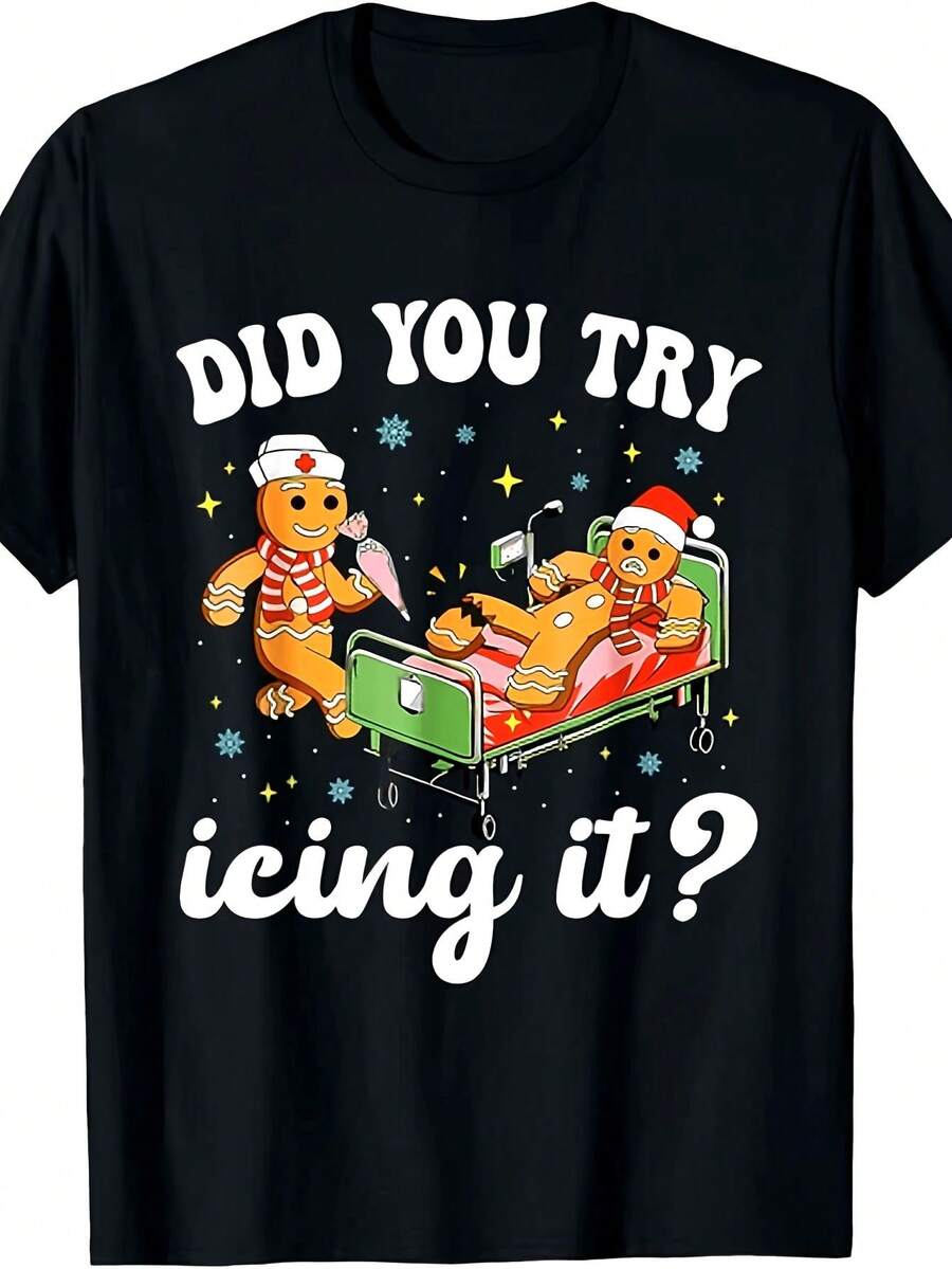 Funny Nurse Christmas T-Shirt – "Have You Tried Ice Packs?" Humorous Gingerbread Man Print T-Shirt, Casual Retro Style For Healthcare Workers, Suitable For All Seasons. - Black - View 1