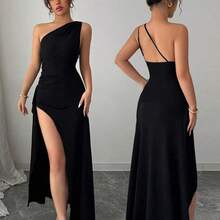 Nuevo vestido negro asimétrico sexy con hombro plisado, recorte hueco y abertura alta, adecuado para vacaciones, citas y fiestas en verano - azul real - Ver 2