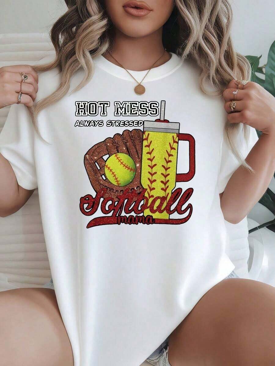 Women's T-Shirt With 'Hot Mess Stressed Softball Mama' Print, Black And White Options, Graphic Tee, Casual Everyday Wear T-Shirts, Summer Tops, Graphic Tees, Summer Sets, Women's Crop Tops, Casual Blouses For Ladies - 白色 - 查看 1