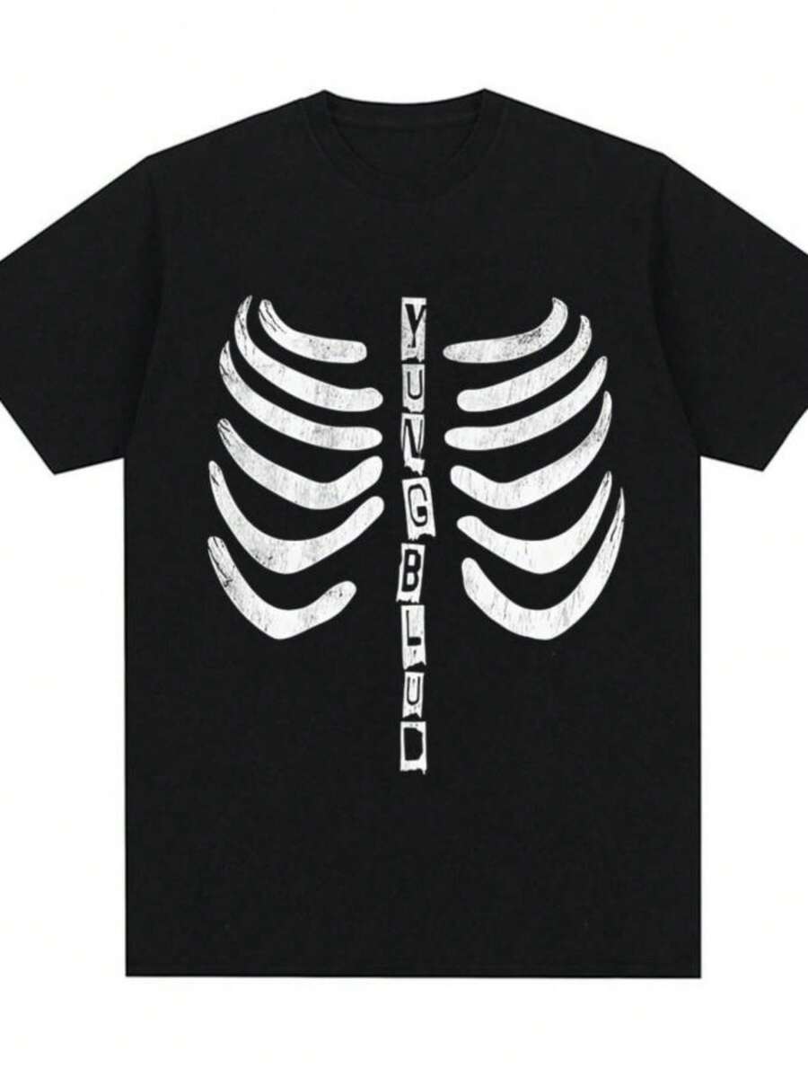 playeras de mujerYungblud Skeleton T Shirt Men Women Clothing Fashion Punk Rock Short Sleeve T-shirts Summer Casual 100 Cotton Oversized T-shirt - Negro - Ver 1