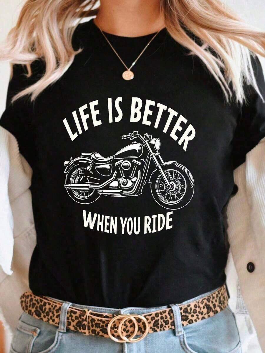 Camiseta Casual de Verano para MujerInformaldeVeranoparaCamiseta Gráfica de Mujer para Motocicleta - LIFEISBETTER WHEN YOU RIDE - Slogan Tee - Negro con Rotulación Blanca - Cuello Redondo Ligero - Top para Entusiastas de Motocicletas - Conjuntos Casuales de Primavera/Veranoderopa-PerfectoCumpleaños/AniversarioRegaloParaCiclistas,MotocicletaMontaraCaballoEquipo,ModaVeranoImpresiónNegritaDiseño,MaterialTranspirable,CamisaDeMangaCortaAmantesDeMotociclismo,RopaEstilo Urbano, Tela Duradera, Camisa de Motociclista Estampada para Mujer - Negro - Ver 1