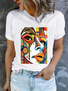 Camiseta Estampada para Mujer con Diseño Abstracto de Cara Geométrica - Camiseta Casual de Manga Corta y Cuello Redondo, Corte Relajado para Todas las Estaciones, Perfecta para Uso Diario y Vacaciones (Lavable aáquina). - Blanco - Ver 1