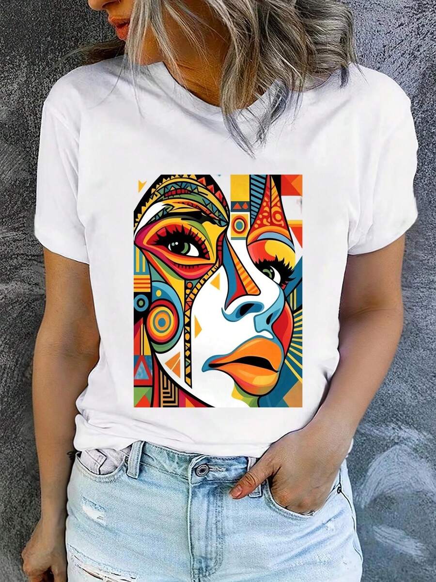 Camiseta Estampada para Mujer con Diseño Abstracto de Cara Geométrica - Camiseta Casual de Manga Corta y Cuello Redondo, Corte Relajado para Todas las Estaciones, Perfecta para Uso Diario y Vacaciones (Lavable aáquina). - Blanco - Ver 1