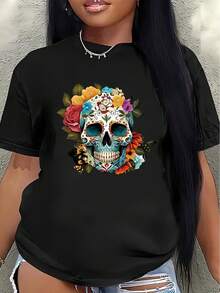 Camiseta de manga corta ligera y duradera, con vibrantes estampados de calaveras y flores, perfecta para ocasiones informales, fiestas, festivales o uso diario.blusa casual mujer - Negro - Ver 7