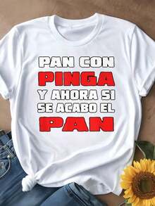 Camiseta de Mujer Casual de Corte Holgado, Opciones en Blanco y Negro, Camiseta con Estampado Gráfico Divertido "Con Pinga Y Ahora Si Se Acabo El Pan", Tops de Verano, Camisetas para Mujer, Ropa de Verano, Camisetas Gráficas para Mujer, Tops Cortos para Mujer, Camisetas Vintage de Algodón, Ropa Linda para Mujer, Playera Holgada para Mujer - Blanco - Ver 2