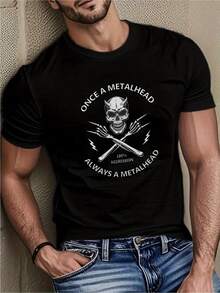 Men's Heavy Metal Skull Crossed Swords T-Shirt With Slogan Once A Metalhead Breathable Cotton Loose Fit Concert T-Shirt Rocker Style Gift For Metalhead Machine Washable Loose And Comfortable Casual Tee. - Back - View 1