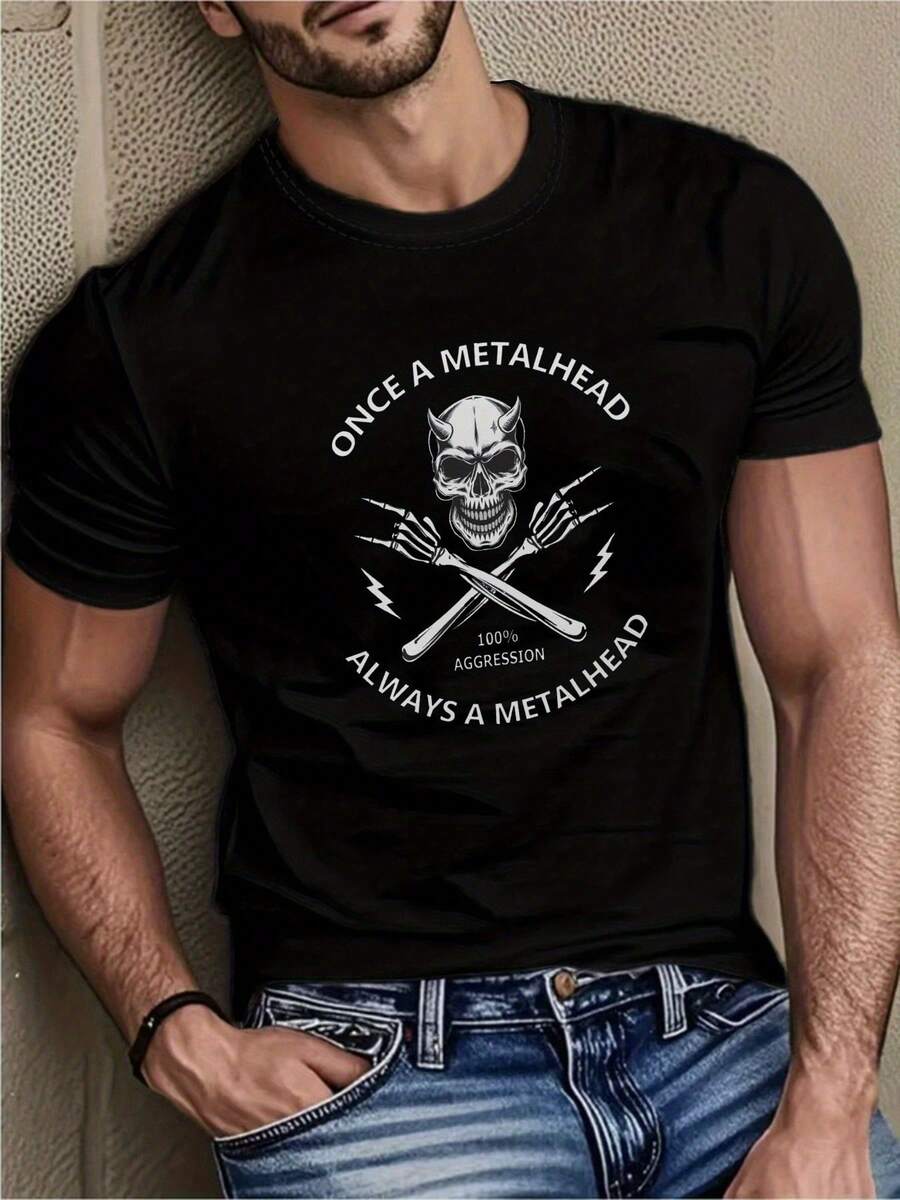 Men's Heavy Metal Skull Crossed Swords T-Shirt With Slogan Once A Metalhead Breathable Cotton Loose Fit Concert T-Shirt Rocker Style Gift For Metalhead Machine Washable Loose And Comfortable Casual Tee. - Back - View 1