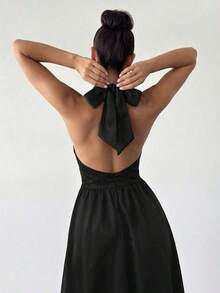 High-Waisted Midi Dress With A V-Neck And Open Back, In A Vintage French Polka Dot Style, Suitable For Valentine's Day, Concerts, Performances, Dates, Banquets, Weddings, Sexy, Elegant, Back To School, Vacation, Beach, Romantic - 黑色 - 查看 3