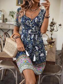 Vestido con estampado floral de cuello con cordón y fleco - Azul marino - Ver 7