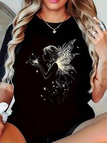 ¡Oferta por tiempo limitado, unidades limitadas,  relámpago! Camisas casuales para mujer, camisetas de poliéster para mujer, camisas elegantes.Camiseta elegante para mujer |   Top casual y divertido de cuello redondo - Transpirable, ideal para looks informales y salidas nocturnas - Diseño sencillo, ajuste cómodo, ligera, manga corta - Camiseta de verano a la moda - Negro - Ver 1