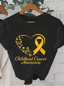 100% Cotton, Women's T-Shirt, Yellow Heart-Shaped Ribbon Design For Childhood Cancer Awareness, Used For Support And Promotion Activities. - Black - View 6