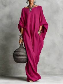 Elegant Solid Color Casual Maxi Dress, European American Retro Style 2026, Women's Long Sleeve Off-Shoulder - 紅色 - 查看 2