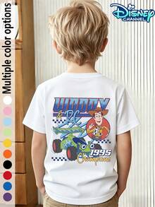 Toy Story Woody Round Head And RC Car Print Kids T-Shirt | Unisex Casual Short-Sleeve Disney Toy Story Character IP Woody Round Head With RC Remote Control Car Retro Print Summer Kids Top Everyday Wear Student Wear Cute Woody And RC Character Print Toy Story Theme T-Shirt Kid-Friendly Design Must-Have For Outings Cartoon Character Top School Style Popular Animation Character Merchandise Soft And Comfortable Fabric Everyday School Wear Fan Collector's Item - trắng - Xem 3