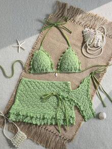 Swim Mod Conjunto de 3 piezas, top de bikini halter triángulo con textura floral de unicolor, decoración de perlas y conchas, Bottom con lazos laterales y falda con volantes, conjunto de traje de baño sexy para vacaciones de primavera/verano - verde menta - Ver 1