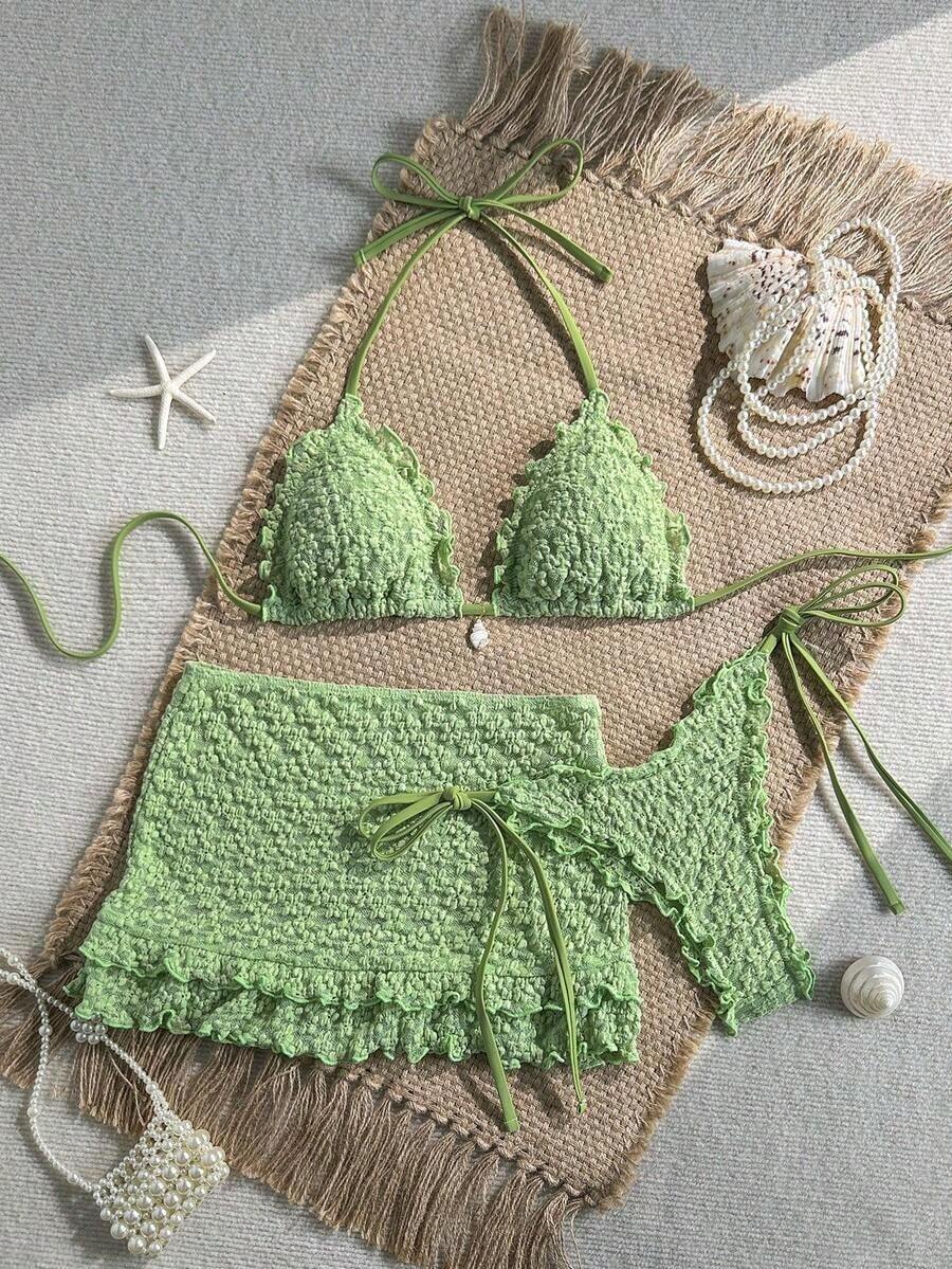 Swim Mod Conjunto de 3 piezas, top de bikini halter triángulo con textura floral de unicolor, decoración de perlas y conchas, Bottom con lazos laterales y falda con volantes, conjunto de traje de baño sexy para vacaciones de primavera/verano - verde menta - Ver 1
