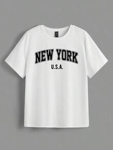 3 piezas Camiseta de mujer de manga corta, cuello redondo, suelta, con gráfico de eslogan, adecuada para primavera y verano, apropiada para salir, casual - Multicolor - Ver 4