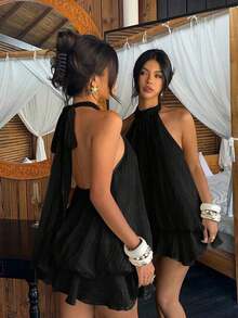 MEXAloruh Vestido mini elegante de gasa con lazo en el cuello en color amarillo mantequilla para mujer, vestido para citas, vestido para salir de noche, vestidos de verano para mujer, atuendos para luna de miel, vestido de invitada de boda, atuendos para vacaciones en la isla, vestidos de fiesta elegantes, vestidos de cumpleaños para mujerMEX 2MZE - Negro - Ver 7