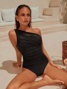 Swim Conjunto de playa de verano para mujer, traje de baño de una pieza de estilo minimalista, apto para el verano - Negro - Ver 6