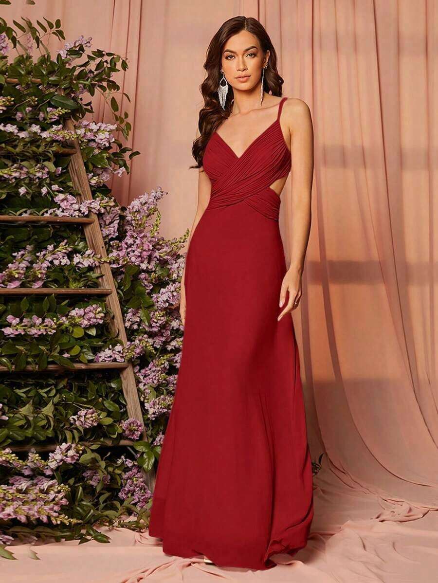 Vestido de dama de honor elegante con tirantes finos y corte calado para el verano - Burdeos - Ver 1
