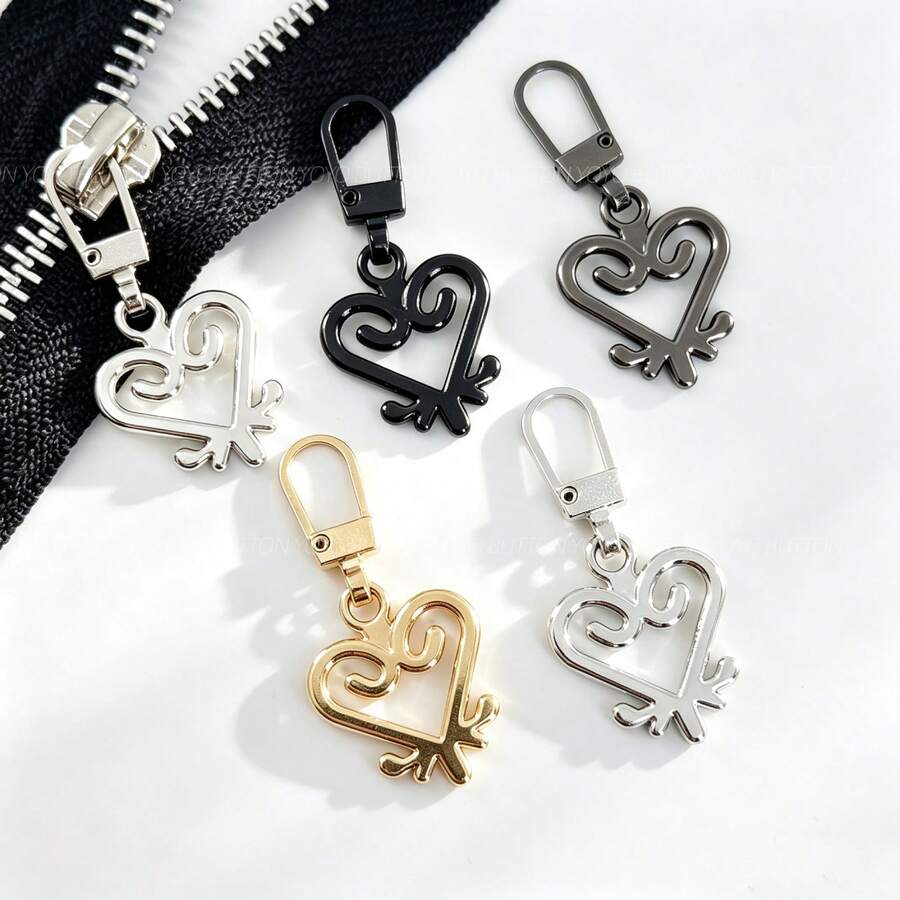8pcs/5pcs Heart Shaped Metal Zipper Pulls, Detachable Zipper Sliders, Small Hole Replaceable Zipper Pendant, Suitable For Clothes, Luggage, Bags - 5PCS Gray Black - View 1
