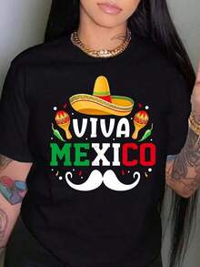 Camiseta de Mujer de Cuello Redondo y Mangas Cortas Diseño Viva Mexico incluye algodón - Negro - Ver 6