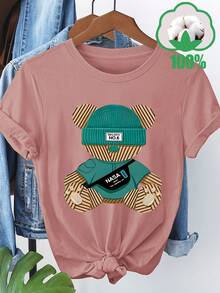 Women's Casual Short Sleeve T-Shirt With Playful Bear Print - "No" Design, Crew Neck, Lightweight And Breathable For Spring/Summer/Autumn, Ideal For Travel, Vacations And Family Outings, Travel Wear | Playful Print | Comfortable Fit, Bear T-Shirt - 粉色 - 查看 4