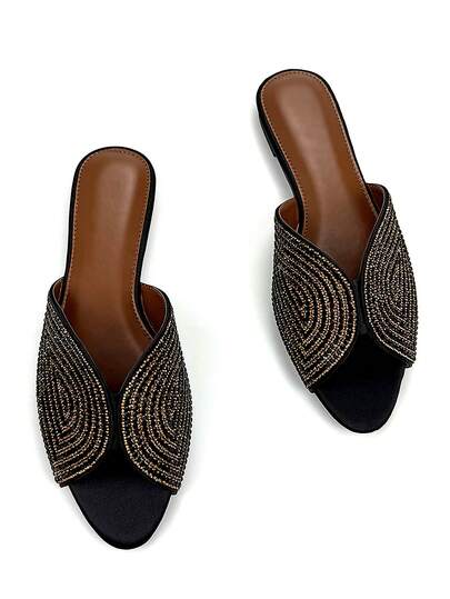 Women's Glamorous Colorful Rhinestone Decorated Black Satin Material Fashionable Comfortable Round Toe Fish Mouth Flat Mule Sandals For Daily Wear And Party