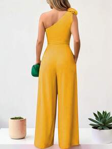 Women's Elegant One-Shoulder Palazzo Jumpsuit Dress, Long Jumpsuit, Formal Outfit For Party, Wedding, Graduation - 薑色 - 查看 2