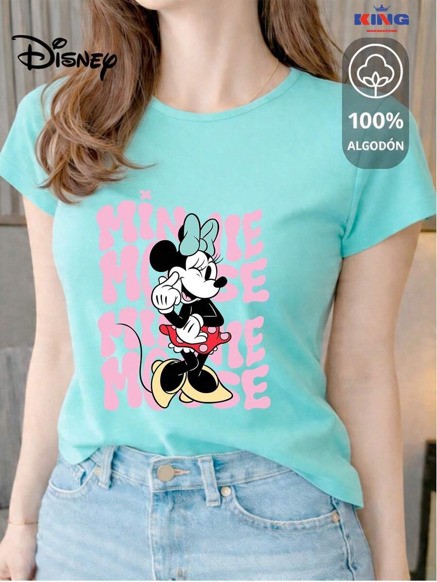 Women's T-Shirt Made Of 100% High-Quality Cotton. This T-Shirt Guarantees Exceptional Softness To The Touch, A Round Neck With A "Disney Minnie Mouse Retro Typography" Print, And Short Sleeves. - 水 - 查看 1