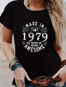 Camiseta casual de cuello redondo para mujer, 100% poliéster de punto, longitud regular, diseño geométrico, adecuada para todas las estaciones, moda para el día a día. | Casual y elegante | Tela elástica, camiseta de mujer - Negro - Ver 7