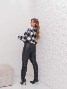 Women's Plaid Flannel Jacket With A Casual Pocket Detail/S/M/L/YF176 - Light Grey - View 3