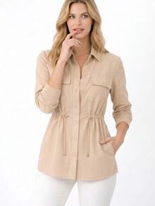 Women's Pink Parka With Adjustable Waist, Front Pockets And Buttons – Casual Fashion Style - 米色 - 查看 3