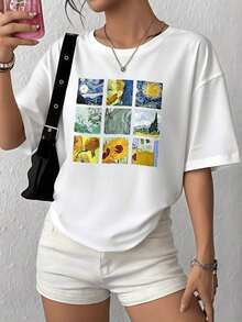 100% Cotton. Artistic Images Reflecting The Beauty Of The Starry Sky Alongside Sunflowers And Vibrant Landscapes In An Inspiring Composition. Women's 100% Soft And Comfortable Cotton T-Shirt. Women's Simple Solid Color T-Shirt, Loose And Slim Fit Casual Short Sleeve - 白色的 - 查看 12