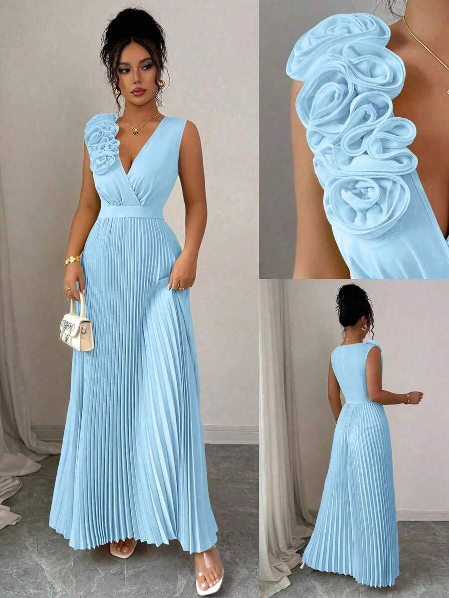 Vestido de verano de cuello en V azul claro con cintura ceñida, aplicación floral en el pecho y falda plisada en línea A, elegante estilo francés - Azul - Ver 1
