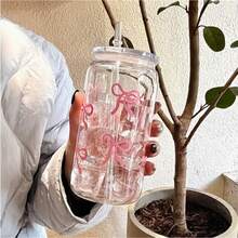 Large Capacity Plastic Cup With Lid & Straw, Bow Decor - Plastic Lid Bow Straw Cup - View 6