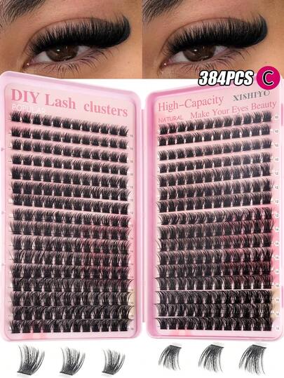 384/512/368pcs C-Curl Mixed Length 8-16mm Fluffy Natural Eyelash Extension Kit, Reusable Lash Clusters, D-Curl Individual Lashes, Super Dense Fake Lashes, Mixed Length, Freely Combinable, D-Curl, 0.07mm Thick, Natural Super Dense Fluffy 3D Sparkling Charming Eyes, European And American Cat Eye Style, Soft And Comfortable, Easy DIY Wear, Suitable For Beginners, Reusable, Suitable For Daily Wear, Festivals, Performances, Etc.