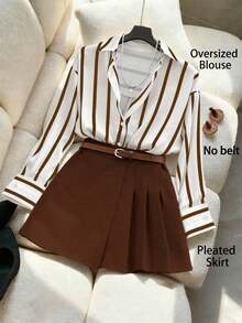 Camisa a rayas y falda pantalón plisada asimétrica, elegante conjunto de 2 piezas para mujer - Verde militar - Ver 12