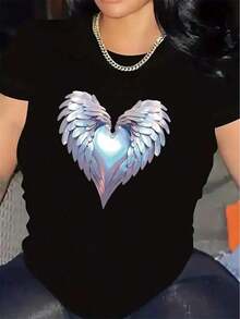 Women's Lightweight, Short-Sleeved Printed T-Shirt With A Heart And Angel Wing Design, Perfect For Lounging At Home, Going To Cafes, Or Enjoying Outdoor Activities. Comfortable And Durable, Ideal For Everyday Wear. Soft Fabric. Summer T-Shirt - 黑色 - 查看 1
