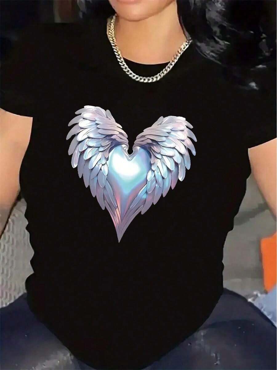 Women's Lightweight, Short-Sleeved Printed T-Shirt With A Heart And Angel Wing Design, Perfect For Lounging At Home, Going To Cafes, Or Enjoying Outdoor Activities. Comfortable And Durable, Ideal For Everyday Wear. Soft Fabric. Summer T-Shirt - 黑色 - 查看 1