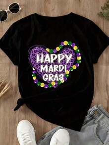 Women's Leopard Print Shirt With Heart Beads For Mardi Gras - Festive Design In Purple, Green, And Gold, Party Wear, Spring Outfit, Celebrations - Urban Vintage Style, Unisex, Cotton, Short Sleeve, Round Neck, Blouses For Women. Blouses.Casual Blouses For Ladies. - 黑色 - 查看 2