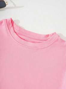 Camiseta de manga corta casual de cuello redondo suelta impresa rosa de primavera verano para mujeres - Color rosa - Ver 6