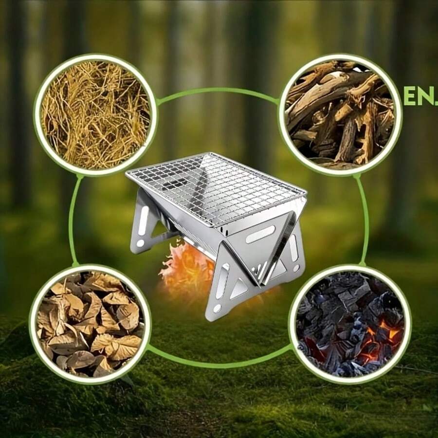 1 pieza Estufa compacta de acero inoxidable para quemar leña, adecuada para quemar leña | Estufa de cocina plegable y resistente para exteriores con chimenea y fogón, adecuada para carbón o leña, estufa para exteriores, opción ideal para mochileros, camping, supervivencia