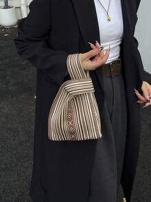 lulu kewen 女士钩针包、女士手提包、迷你钩针女士手提包、休闲女士手提包、图案女士手提包、钩针女士包、条纹图案托特包、日式购物袋、简约百搭女士手提包 - 駝色 - 查看 4
