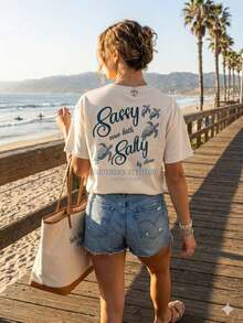 Women's Summer T-Shirt With Turtle Print And "Sassy Since Salty" Graphic, Women's Summer Graphic Tees, Turtle And Ocean Print T-Shirt, Suitable For Summer, Beach Vacation, Beachwear, Suitable For Loose And Comfortable T-Shirts, White T-Shirt. - 白色 - 查看 5