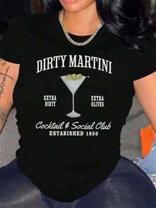 1 Women's Graphic T-Shirt With Dirty Martini Design In Olive Color, Perfect For Casual Wear All Year Round, With Round Neck And 180g 100% Cotton Fabric. - 黑色 - 查看 7