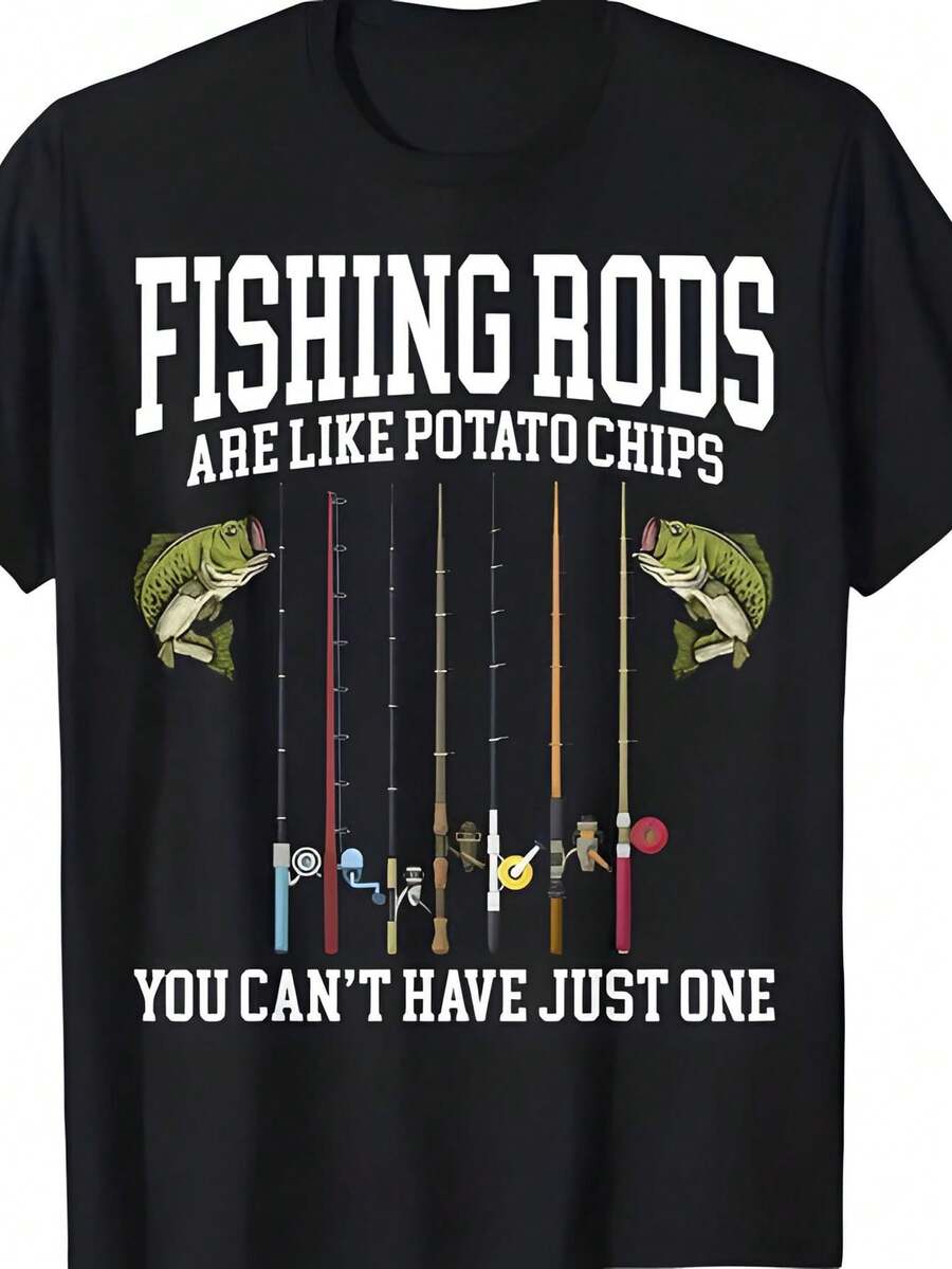 Men's Fishing Rod Print T-Shirt - Casual Crew Neck T-Shirt Printed With The Design "Fishing Rods Are Like Potato Chips", Short Sleeves, Suitable For All Seasons, Casual Wear.|Humorous Print T-Shirt|Knitted Texture - 黑色 - 查看 1