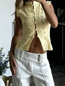 Women Long Sleeve Mandarin Collar Guipure Split Blouse Top Lace Floral Puff Sleeve Button-Down Shirt Slim Fit Elegant Sheer Tops Party Clubwear - 黃色 - 查看 3