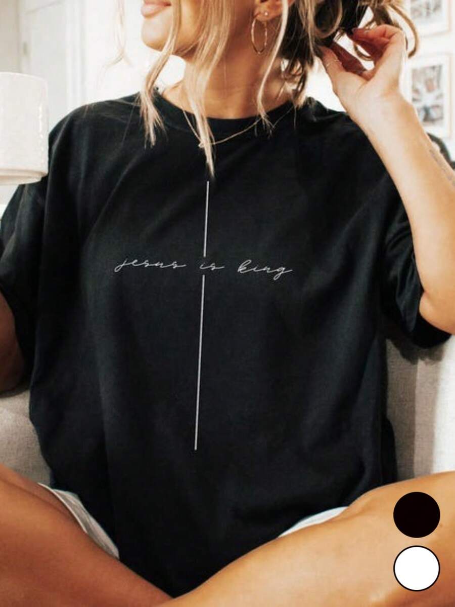 Christian-Themed T-Shirt, Simple Cross Design, Includes Bible Verses, Fashionable Faith Clothing, Ideal Christmas Gift, "Love" Theme, Classic And Comfortable T-Shirt For Men. - 黑色 - 查看 1