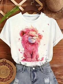 Women's Short Sleeve T-Shirt With Pink Watercolor Lion Print | Women's T-Shirt With Adorable Lion Print, Casual And Youthful Style - DZZ346 - 查看 6