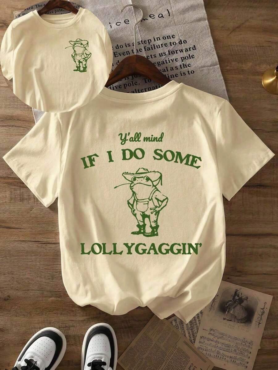 Can I Be A Little Lazy? Printed T-Shirt, Casual Short-Sleeved Top With Round Neck, Suitable For Spring And Summer Wear, Women's Summer Outfits, Women's Holiday Clothes, Women's Summer Clothes. - 杏色 - 查看 1